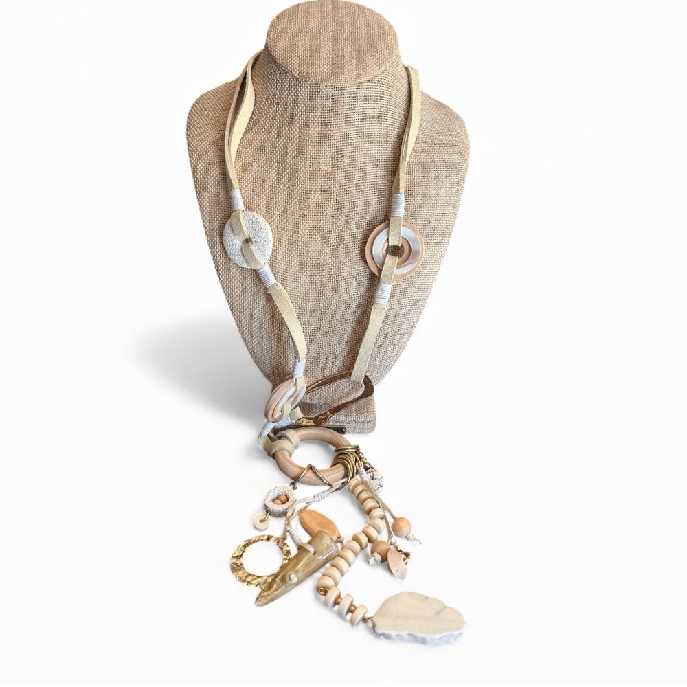 Chico’s Beige and Gold Charm Necklace - Picture 1 of 4